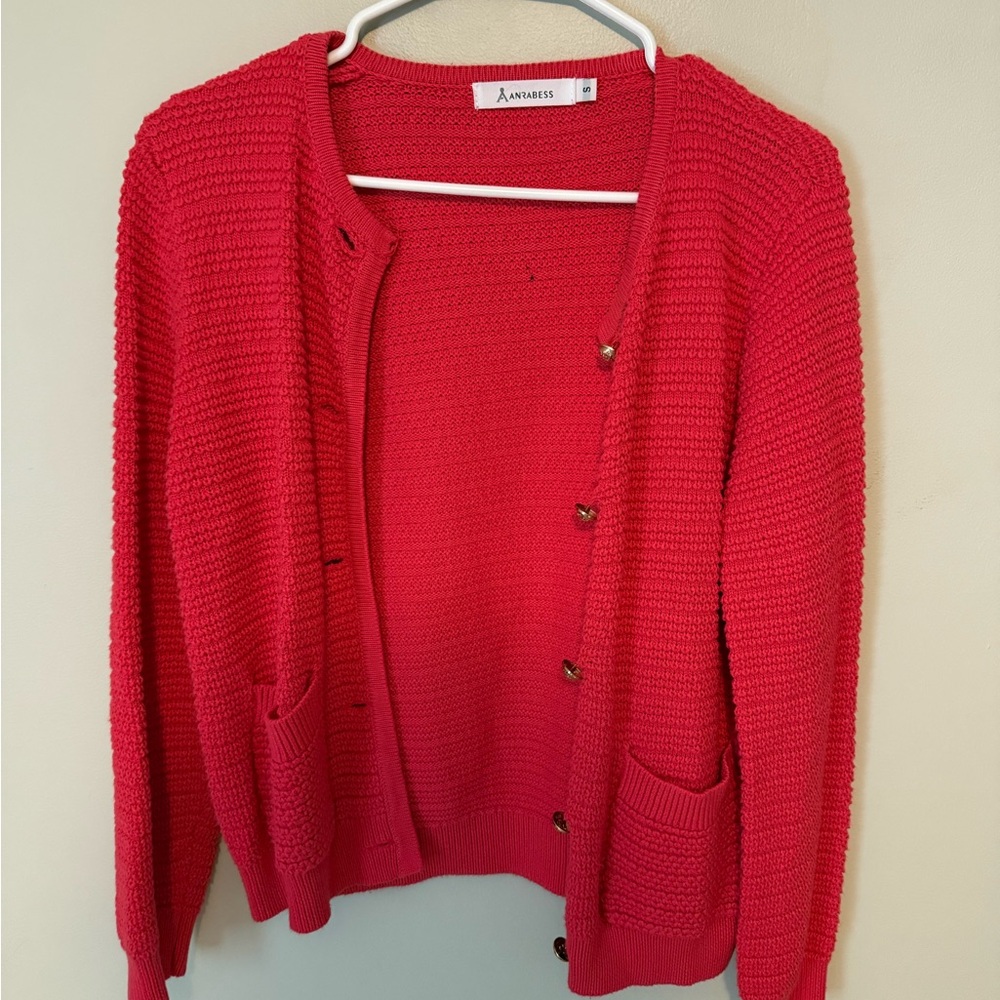 Vibrant Red Ribbed Knit Cardigan Sweater